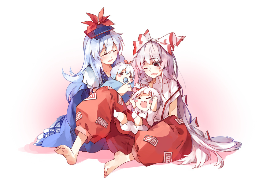 &gt;_&lt; baby blue_hair blush_stickers closed_eyes couple family fujiwara_no_mokou hair_ribbon hat if_they_mated ips_cells kamishirasawa_keine long_hair mother_and_daughter multiple_girls one_eye_closed open_mouth pacifier red_eyes ribbon shuzi side_ponytail sitting touhou very_long_hair white_hair yuri