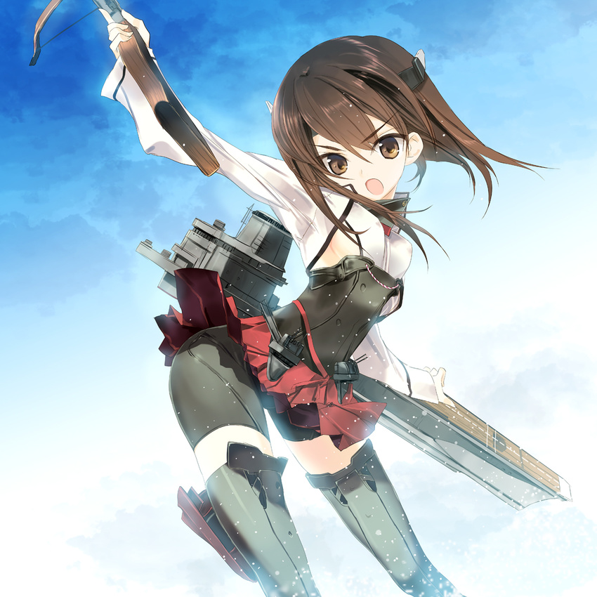 bike_shorts blush bow_(weapon) breasts brown_eyes brown_hair crossbow headband headgear highres kantai_collection nakamura_takeshi open_mouth pleated_skirt short_hair skirt small_breasts solo taihou_(kantai_collection) thighhighs weapon