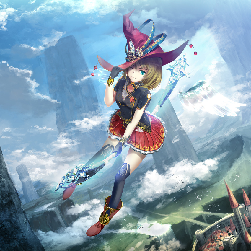 boots fantasy flying gloves hat highres kouji_(astral_reverie) monolith_(object) original over-kneehighs pleated_skirt red_skirt skirt thighhighs witch witch_hat zettai_ryouiki