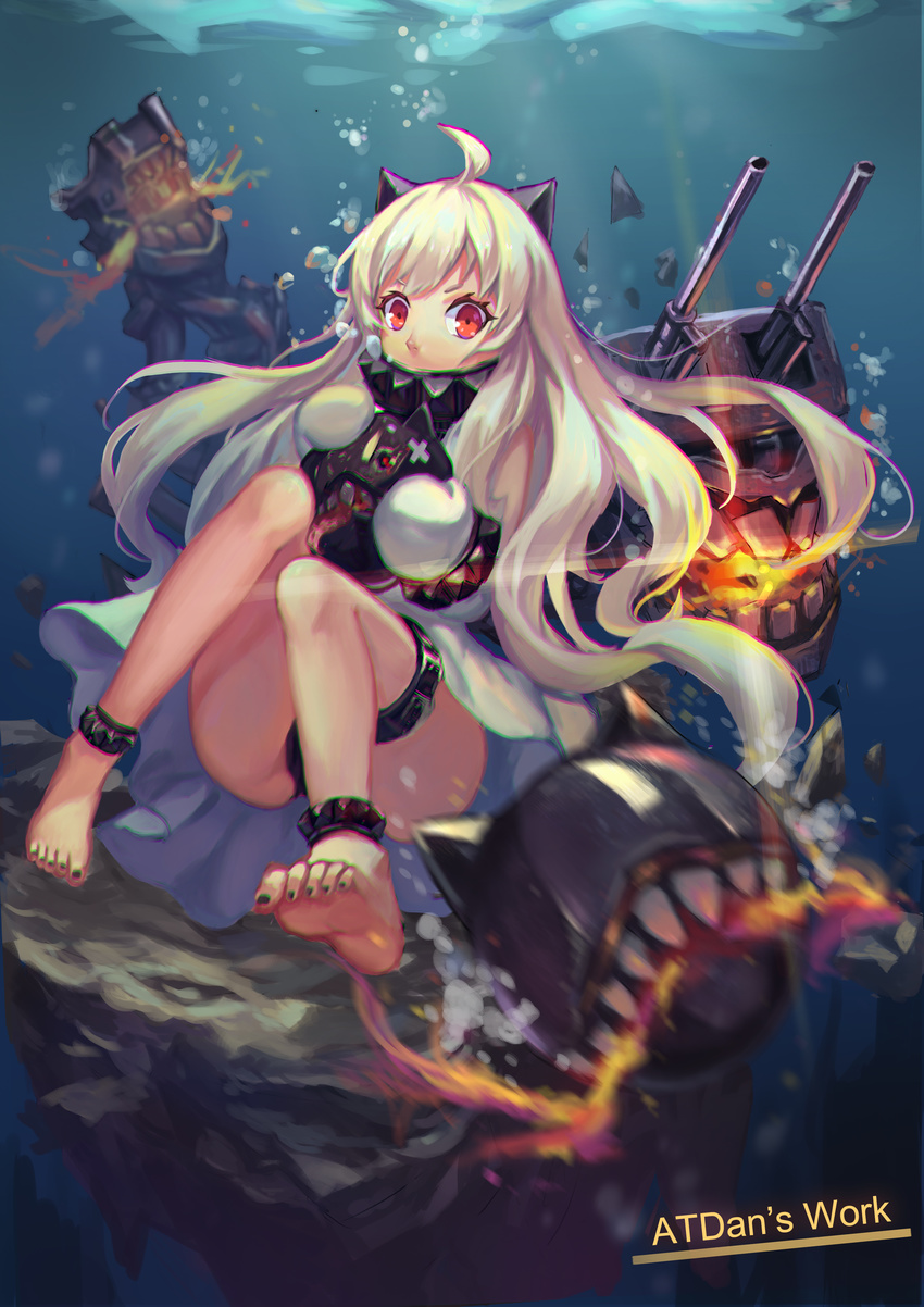 absurdres ahoge air_bubble anklet artist_name atdan barefoot black_panties blurry breath bubble controller covered_mouth depth_of_field dress feet game_controller highres jewelry kantai_collection long_hair looking_at_viewer mittens northern_ocean_hime panties red_eyes shinkaisei-kan solo submerged thigh_strap underwater underwear white_dress white_hair