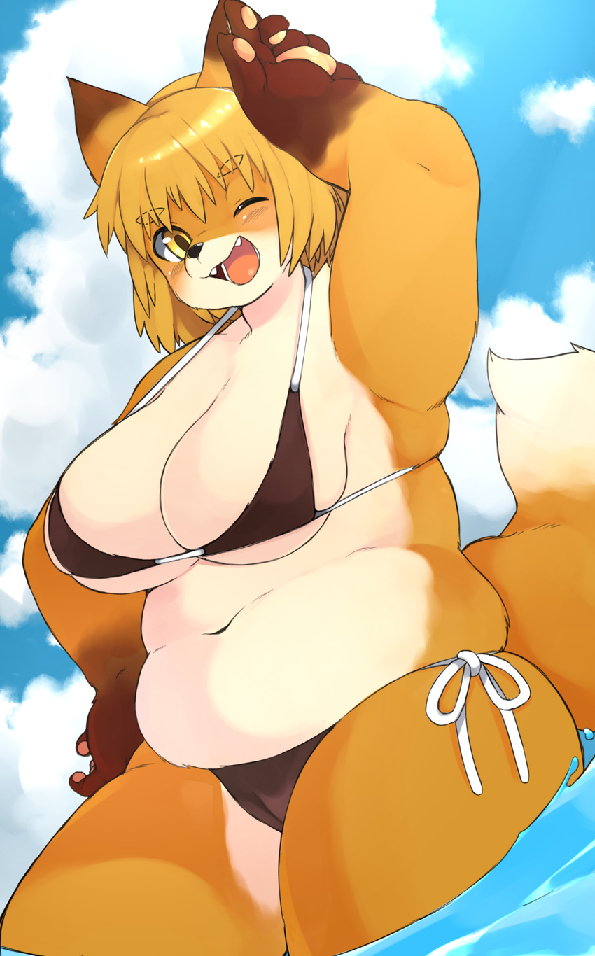 akitaka big_breasts bikini breasts camel_toe canine chubby cleavage clothed clothing female fox looking_at_viewer mammal one_eye_closed outside sea skimpy solo standing swimsuit water