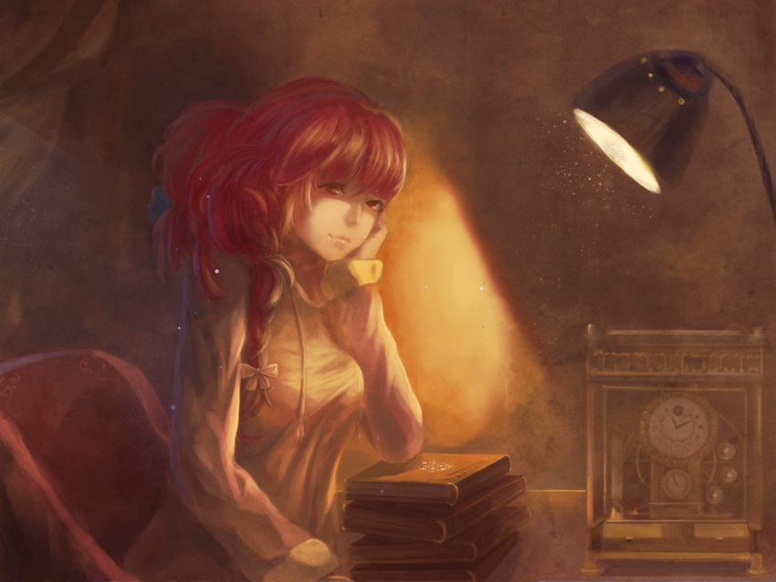 absurdres book_stack bow braid chair clock dress elbow_rest eyelashes hair_bow head_rest highres indoors lamp light light_smile lips long_hair long_sleeves looking_at_viewer magician_(china) nose okazaki_yumemi red_eyes red_hair revision roman_numerals single_braid sitting solo table touhou touhou_(pc-98) upper_body
