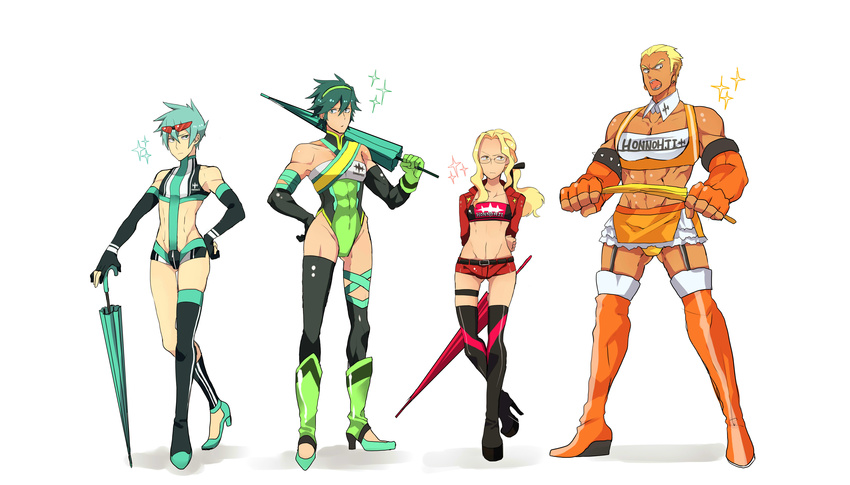 absurdres asymmetrical_legwear blonde_hair blue_hair boots closed_umbrella crop_top crossdressing detached_sleeves ebippoid eyewear_on_head full_body gamagoori_ira gloves green_hair green_leotard hairband high_heels highres inumuta_houka iori_shirou jacket kill_la_kill leotard male_focus midriff multiple_boys muscle planted_umbrella ponytail race_queen sanageyama_uzu short_shorts shorts skirt sunglasses thigh_boots thighhighs umbrella white_background