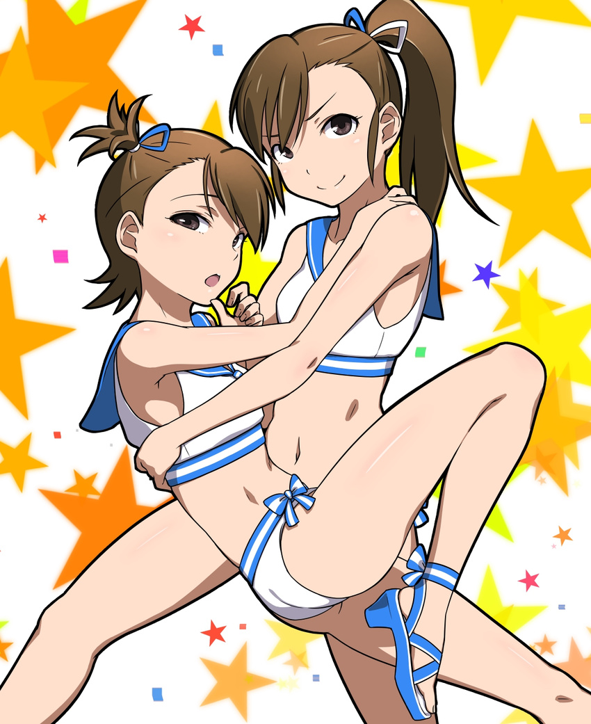 ass bare_shoulders bikini brown_eyes brown_hair doyagao futami_ami futami_mami high_heels highres idolmaster idolmaster_(classic) leg_lift legs long_legs midriff multiple_girls navel open_mouth puge sailor_bikini sailor_collar sailor_swimsuit_(idolmaster) sandals siblings side_ponytail smile star strappy_heels swimsuit twins