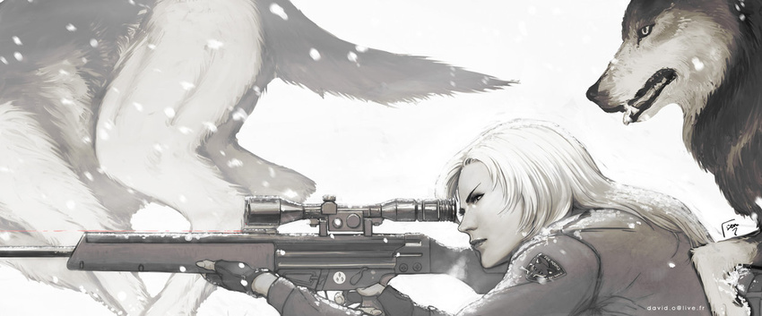 aiming commentary david_semsei fingerless_gloves gloves gun laser_sight lips long_hair metal_gear_(series) metal_gear_solid psg-1 rifle scope sniper_rifle sniper_wolf snowing solo weapon white_hair wolf
