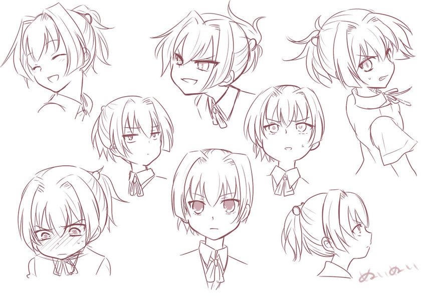 angry blush character_sheet closed_eyes comic empty_eyes expressions full-face_blush kantai_collection md5_mismatch monochrome multiple_views neck_ribbon ponytail r-king ribbon shiranui_(kantai_collection) short_ponytail smile translated