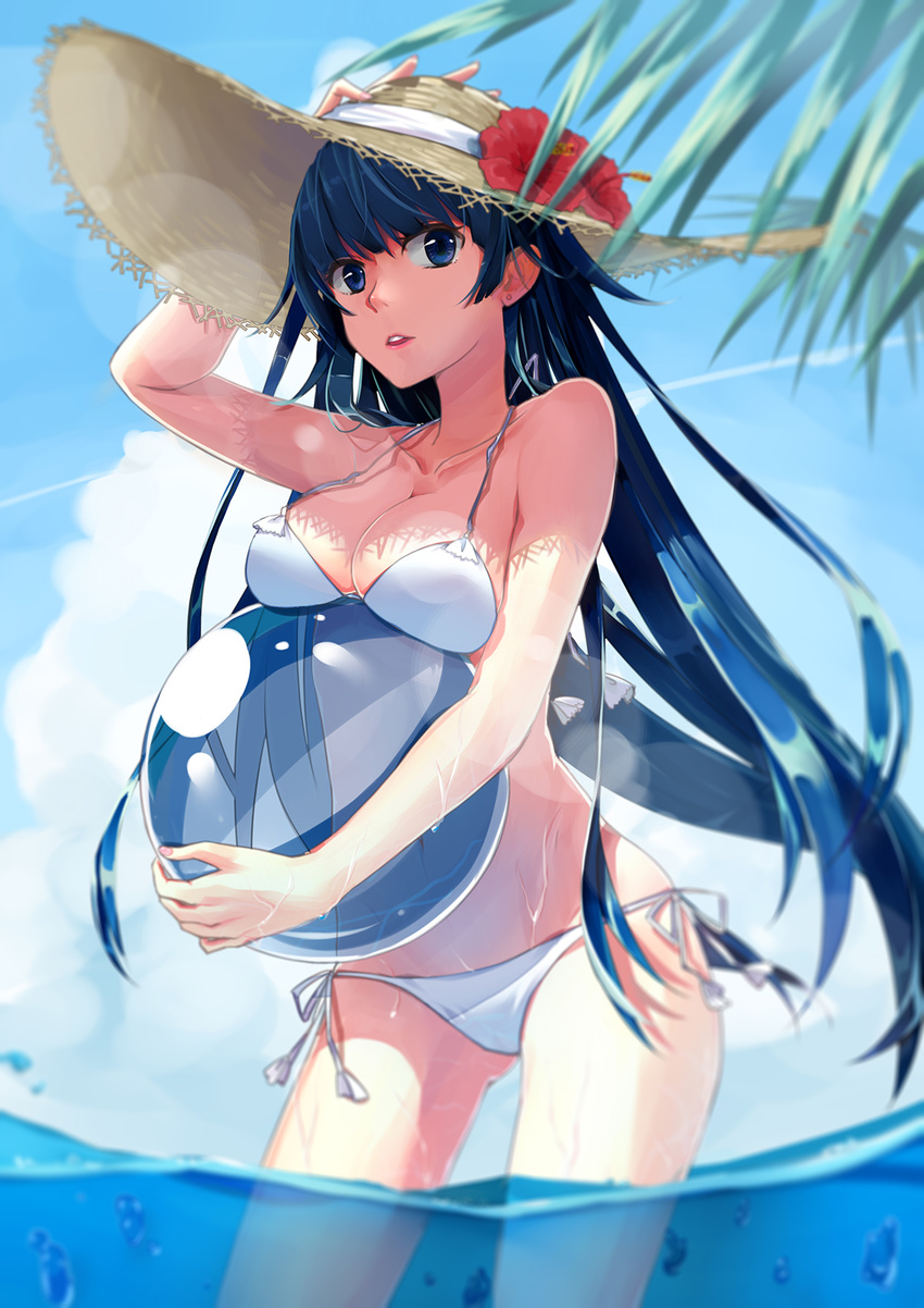 adjusting_clothes adjusting_hat ball bangs bare_shoulders bikini blue_eyes blue_hair breast_rest breasts carried_breast_rest cleavage cloud collarbone day flower hat hat_flower hat_ribbon hibiscus highres large_breasts long_hair loobely looking_at_viewer original parted_lips partially_underwater_shot ribbon side-tie_bikini sky solo strap_gap straw_hat swimsuit transparent wading water wet white_bikini