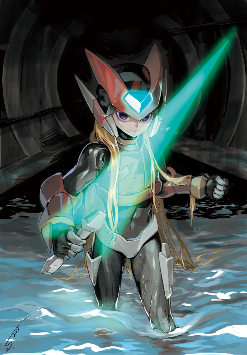 1boy android blonde_hair energy_blade energy_sword gloves helmet highres holding holding_weapon long_hair male_focus rockman rockman_zero signature solo sumomo sword tunnel wading water weapon zero_(rockman)