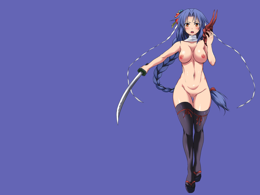 1girl areolae black_legwear blue_background blue_hair braid breasts censored feet full_body funamushi_(funa) highres kumacchi large_breasts legs long_hair looking_at_viewer mask mosaic_censoring navel nipples nude pussy sandals simple_background solo standing sword thighhighs thighs weapon