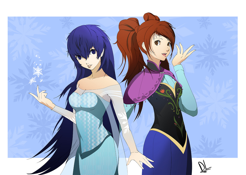 2girls anna_(frozen) anna_(frozen)_(cosplay) atlus blue_eyes blue_hair breasts brown_eyes brown_hair cosplay dh_(brink_of_memories) disney dress elsa_(frozen) elsa_(frozen)_(cosplay) frozen_(disney) hair_between_eyes kujikawa_rise long_hair multiple_girls persona persona_4 persona_x_detective shirogane_naoto signature snowflakes strapless_dress twintails very_long_hair