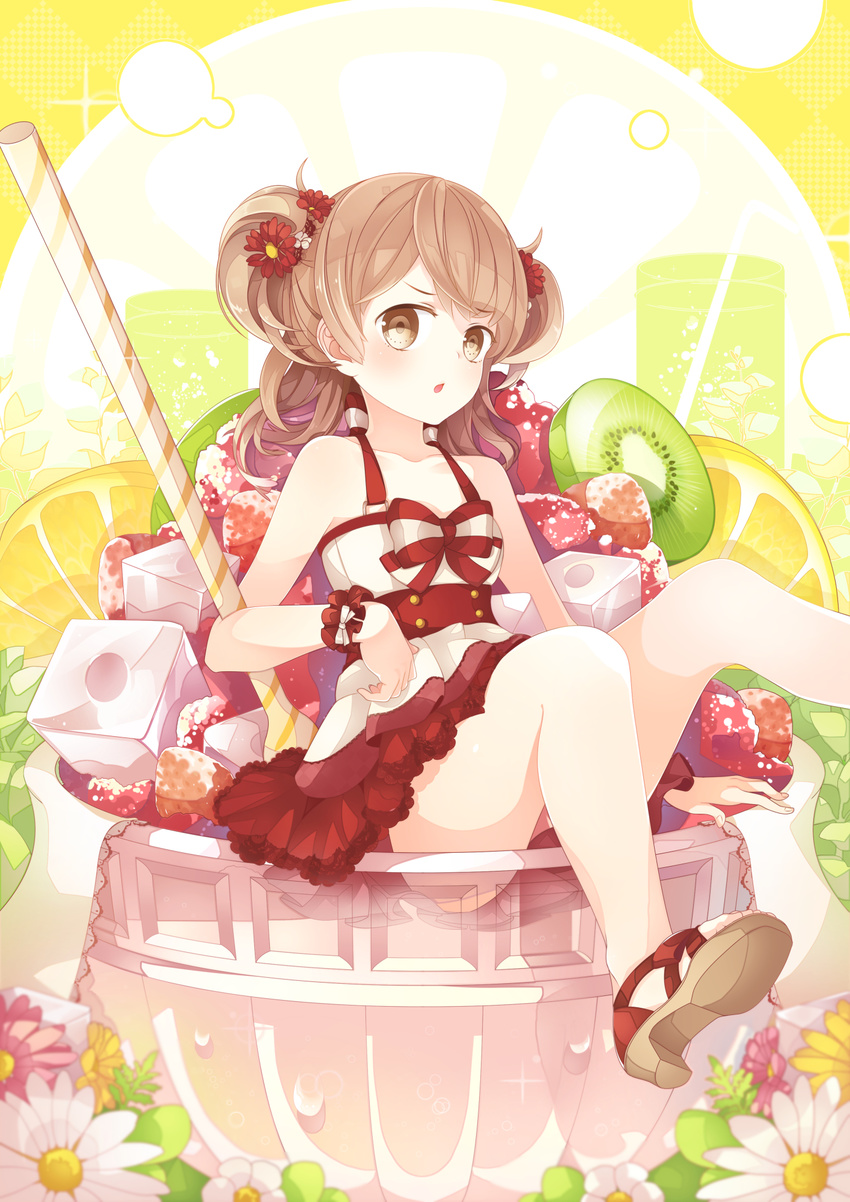 :o bad_id bad_pixiv_id bare_shoulders belt bow bowl brown_eyes brown_hair cube cup daisy dessert dress flower food frilled_dress frills fruit hair_flower hair_ornament highres in_container in_cup in_food kiwifruit legs long_hair minigirl orange original parted_lips sandals shoe_soles short_dress sitting sleeveless sleeveless_dress solo transparent two_side_up wrist_cuffs