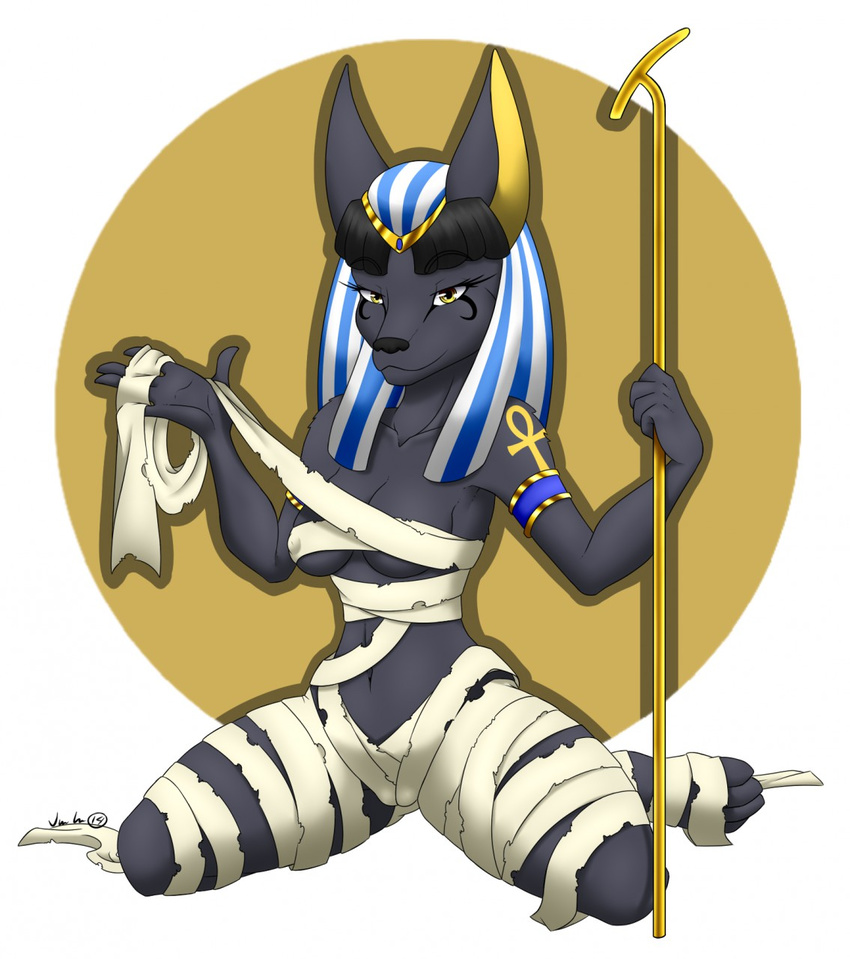 2014 4_toes ankh anthro bandage black_hair black_nose breasts canine egyptian female hair itsuko103 jackal looking_at_viewer mammal nafretiri solo spread_legs spreading toes yellow_eyes