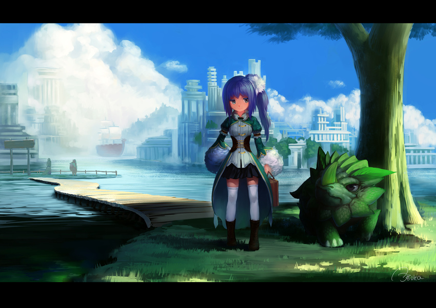 blue_eyes blue_hair briefcase building city cloud day dragon grass hair_ornament holding long_hair long_sleeves looking_at_viewer original pier pleated_skirt puffy_long_sleeves puffy_sleeves sail scrunchie ship shoes side_ponytail signature skirt sky skyline standing suitcase thighhighs tree tree_shade water watercraft white_legwear zettai_ryouiki zimajiang