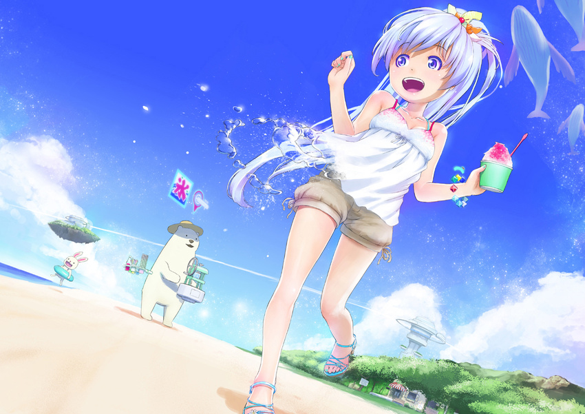 bad_id bad_pixiv_id beach bear blue_eyes blue_hair bracelet bunny cloud day floating_island flying flying_whale hologram innertube jewelry liquid_clothes long_hair nail_polish original outdoors polar_bear ponytail sandals shaved_ice shorts sky sleeveless smile solo toenail_polish water whale