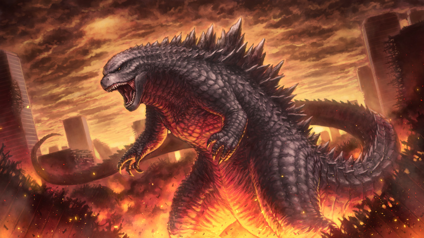 city cityscape claws cloud cloudy_sky destruction fire godzilla godzilla_(series) kaijuu monster no_humans open_mouth ruins scales sharp_teeth sky solo tail tatsuya_(atelier_road) teeth