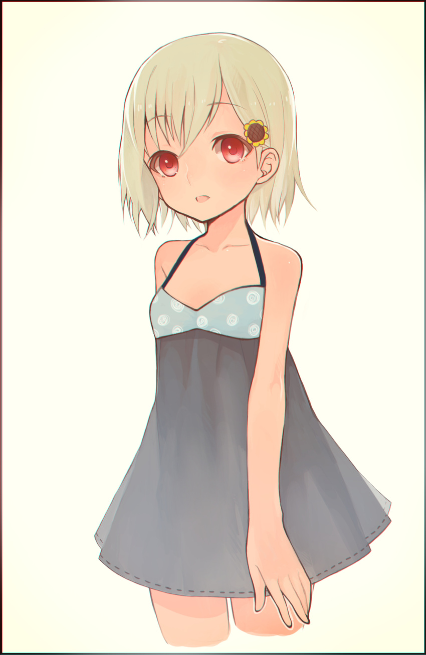 arm_behind_back blonde_hair border collarbone dress hair_ornament highres monmon original red_eyes short_hair solo