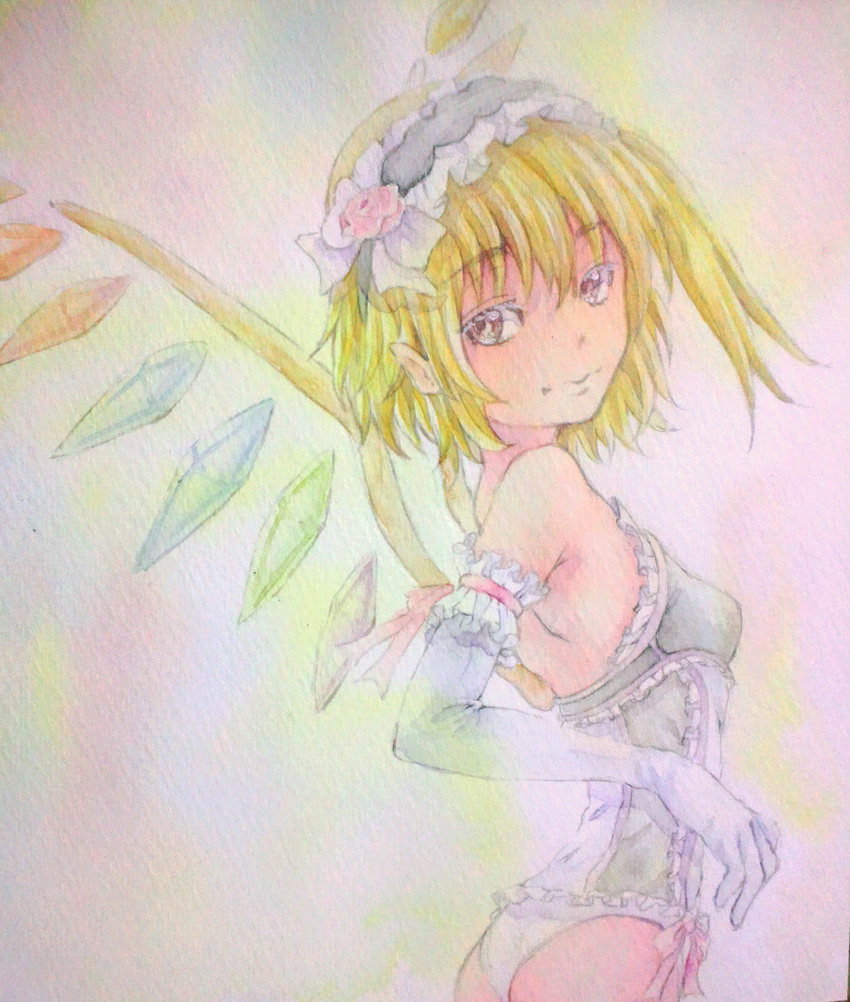 alternate_costume alternate_headwear blonde_hair elbow_gloves flandre_scarlet gloves hairband highres lingerie looking_at_viewer looking_to_the_side panties pink_background short_hair shoulder_blades solo touhou traditional_media underwear underwear_only watercolor_(medium) white_panties wings yuyu_(00365676)