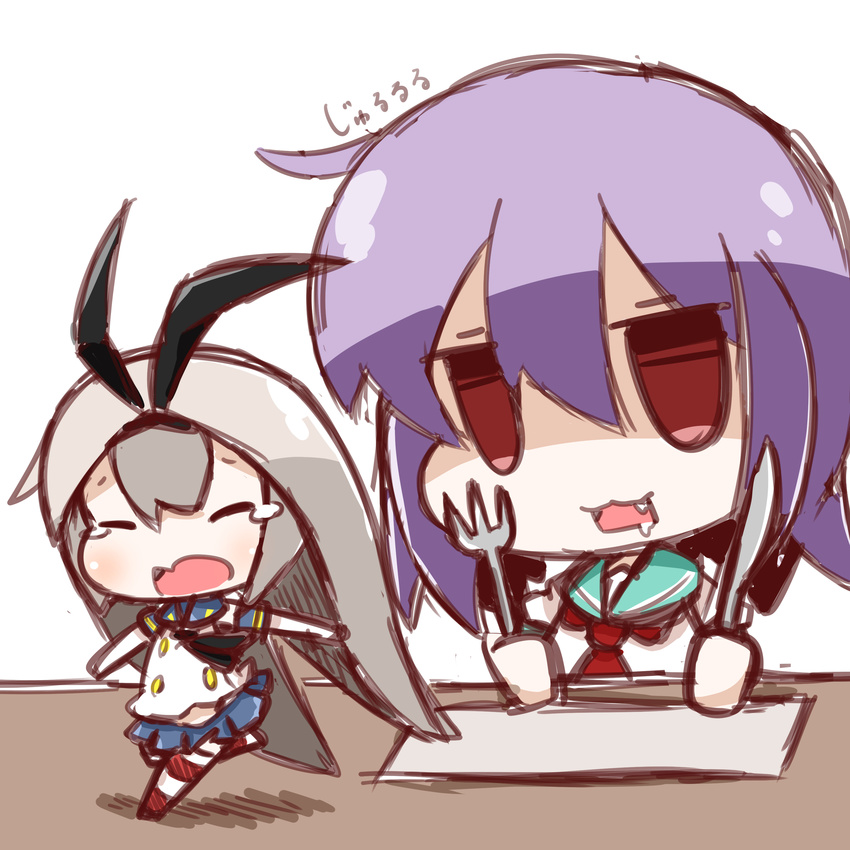 :3 absurdres antennae bug butter_knife chibi cockroach crying drooling fang fork gokicha highres holding insect kantai_collection multiple_girls nuu_(nu-nyu) open_mouth parody pleated_skirt purple_hair red_eyes running school_uniform serafuku shimakaze_(kantai_collection) short_hair silver_hair sketch skirt striped striped_legwear tama_(kantai_collection) tears thighhighs translated