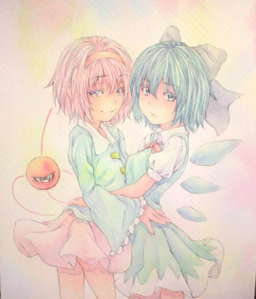 blue_eyes blue_hair cirno eyeball highres hug ice ice_wings komeiji_satori long_sleeves looking_at_viewer multiple_girls neck_ribbon open_mouth pink_background pink_eyes pink_hair puffy_short_sleeves puffy_sleeves ribbon short_hair short_sleeves third_eye touhou traditional_media watercolor_(medium) wings yuyu_(00365676)