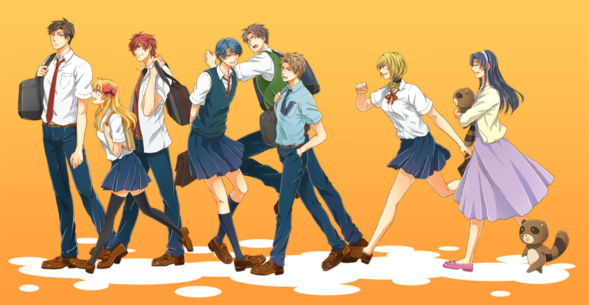 4girls bag gekkan_shoujo_nozaki-kun height_difference hori_masayuki kashima_yuu mikoshiba_mikoto miyako_yukari multiple_boys multiple_girls nozaki_umetarou official_style pleated_skirt rouman_academy_uniform sakura_chiyo school_bag school_uniform seo_yuzuki skirt tanuki verde wakamatsu_hirotaka