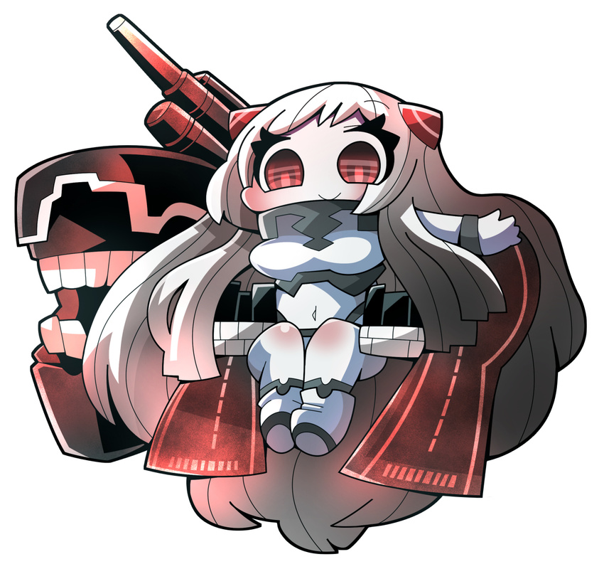 :&gt; airfield_hime bad_id bad_pixiv_id chibi horns kakuzatou_(koruneriusu) kantai_collection long_hair looking_at_viewer navel pale_skin red_eyes shinkaisei-kan silver_hair sitting smile solo teeth turret