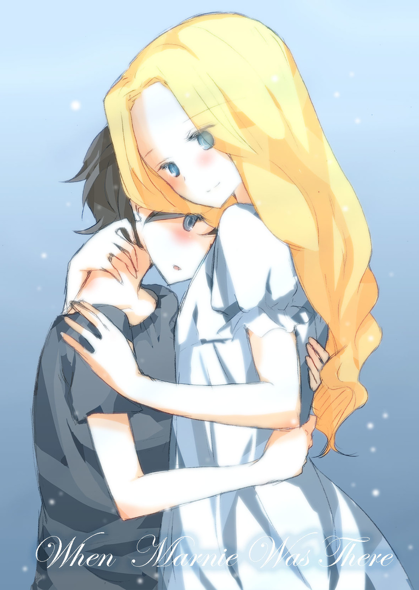 66ta1yak1 anna_(omoide_no_marnie) blonde_hair blue_eyes blush brown_hair copyright_name dress hand_on_another's_neck hand_on_another's_shoulder highres hug long_hair marnie multiple_girls omoide_no_marnie short_hair short_sleeves very_short_hair white_dress yuri