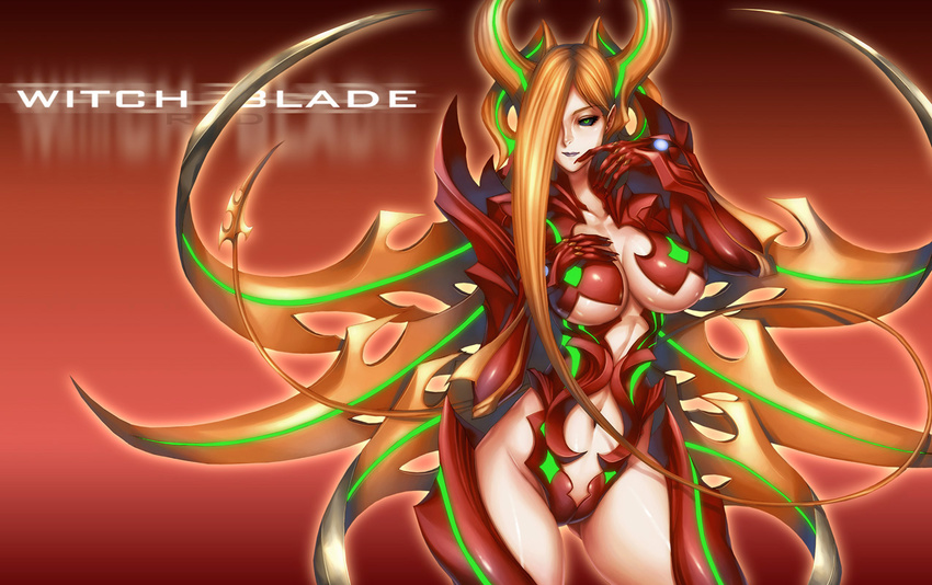 1girl armor black_sclera breasts cameltoe female gloves green_eyes hair_over_one_eye hand_on_breast large_breasts momofuki_rio navel nora nora_(witchblade) orange_hair simple_background solo witchblade