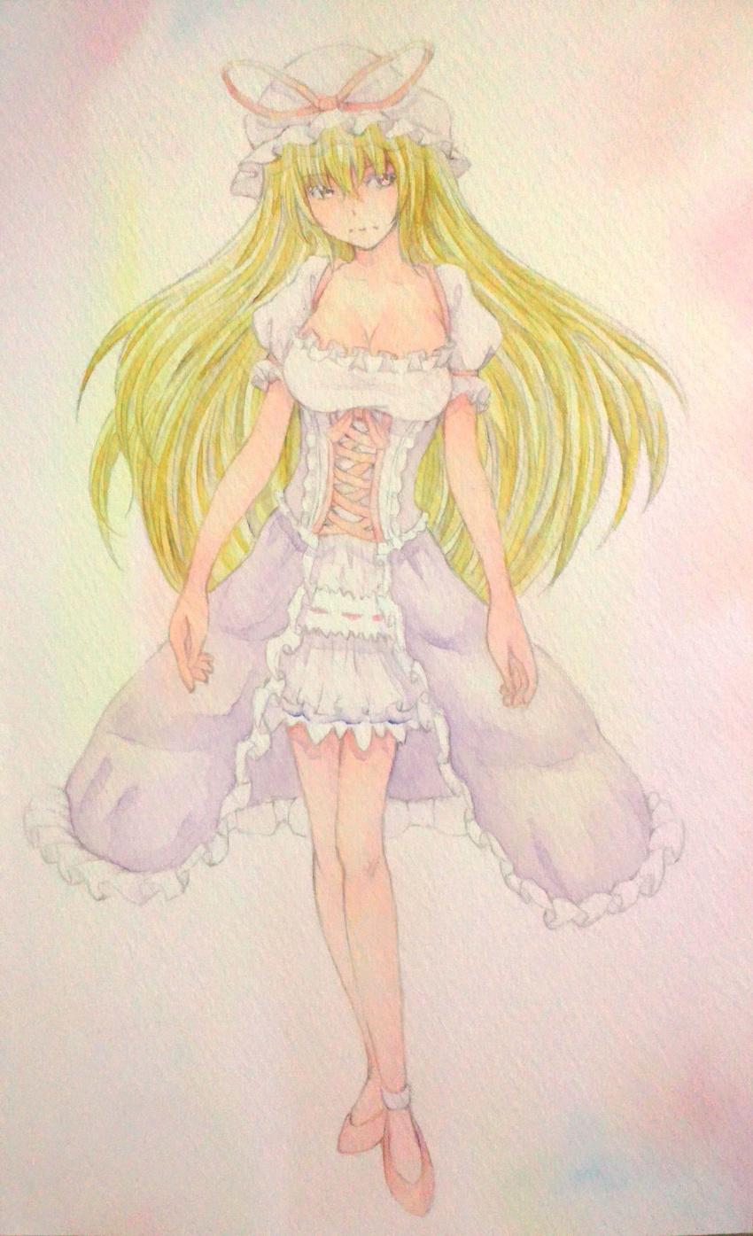 anklet blonde_hair breasts cleavage corset expressionless hat hat_ribbon highres jewelry large_breasts long_hair looking_at_viewer pink_background puffy_short_sleeves puffy_sleeves ribbon short_sleeves solo touhou traditional_media very_long_hair watercolor_(medium) yakumo_yukari yellow_eyes yuyu_(00365676)