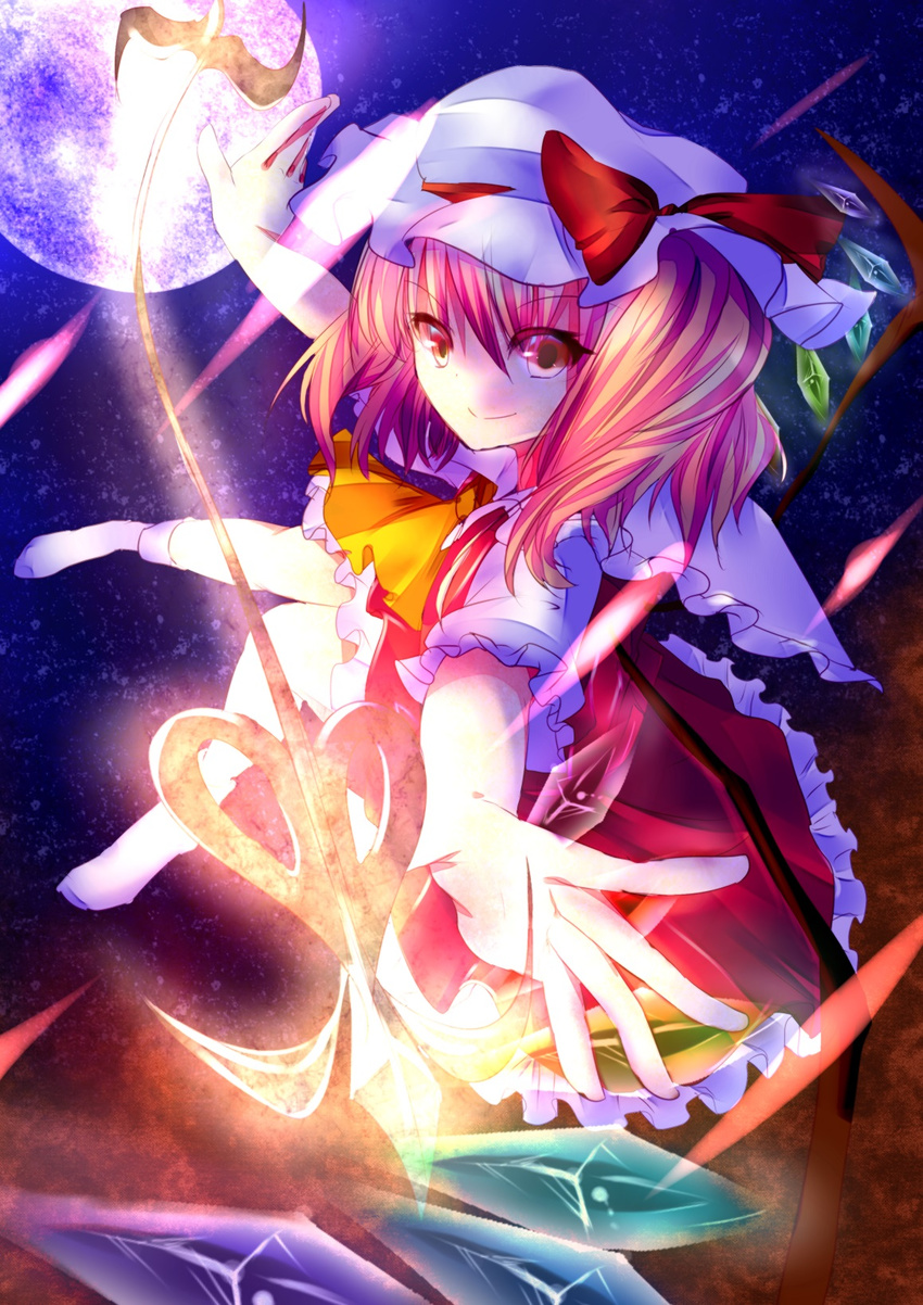 ascot bad_id bad_pixiv_id blonde_hair bow flandre_scarlet foreshortening full_moon futatsuki_tsubaki glowing hat highres laevatein moon night red_eyes ribbon short_hair side_ponytail smile solo touhou wings