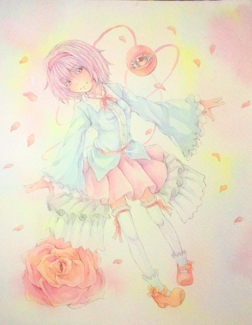 blouse bobby_socks eyeball flower frilled_skirt frills full_body highres komeiji_satori long_sleeves looking_at_viewer mary_janes neck_ribbon outstretched_arms pink_background pink_eyes pink_hair ribbon rose shoes short_hair skirt socks solo spread_arms thighhighs third_eye touhou traditional_media watercolor_(medium) white_legwear yuyu_(00365676)