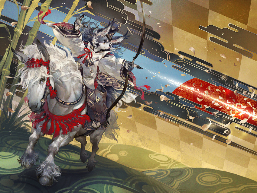 arrow bow_(weapon) furry hat horse japanese_clothes murayama_ryouta original solo weapon