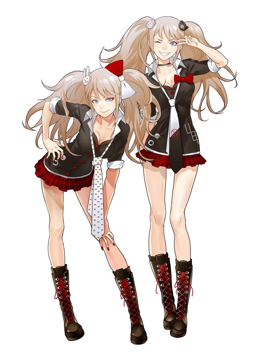 black_footwear blonde_hair boots breasts cleavage cross-laced_footwear danganronpa danganronpa_1 enoshima_junko freckles full_body highres ikusaba_mukuro knee_boots lace-up lace-up_boots long_hair long_legs looking_at_viewer md5_mismatch medium_breasts multiple_girls nail_polish necktie one_eye_closed redjuice siblings simple_background sisters smile spoilers twins twintails white_background