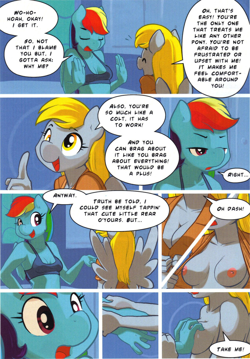 ajin anthro anthrofied blonde_hair blue_body bra breasts clothing comic derpy_hooves_(mlp) english_text equine eyes_closed female friendship_is_magic grey_body hair hands_on_breasts horse mammal multi_tone_hair my_little_pony open_mouth pony rainbow_dash_(mlp) text underwear wings