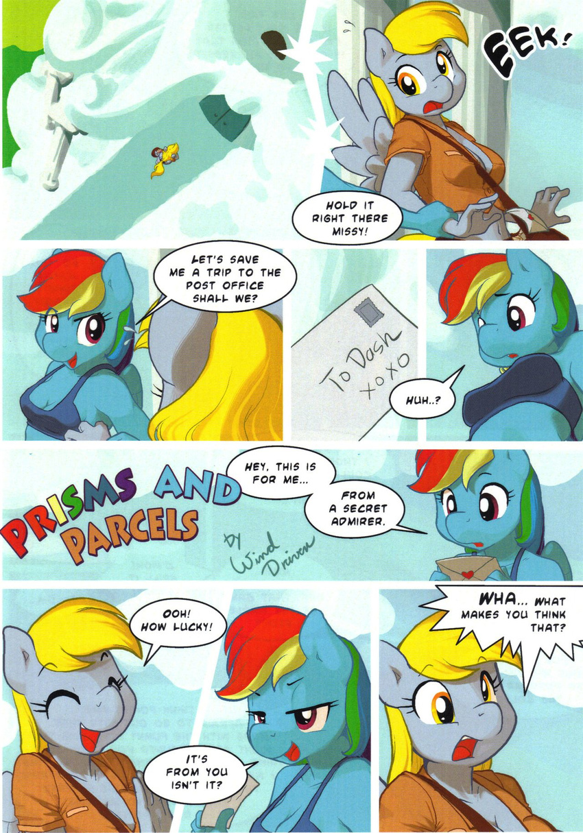 ajin anthro anthrofied blonde_hair blue_body bra clothing comic derpy_hooves_(mlp) english_text equine eyes_closed female friendship_is_magic grey_body hair horse mailbag mammal multi_tone_hair my_little_pony open_mouth pony rainbow_dash_(mlp) text underwear