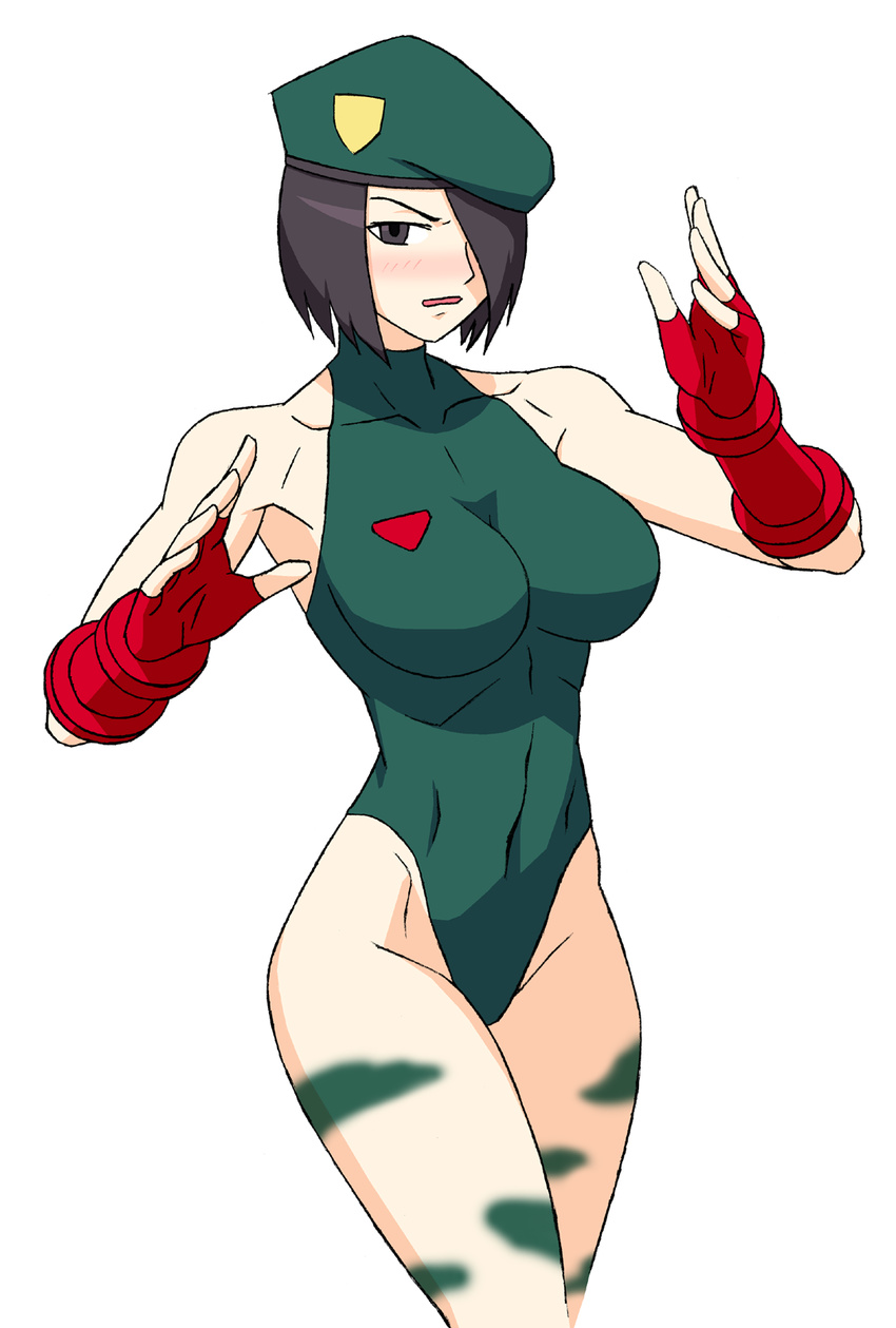 1girl akatsuki_blitzkampf aoi_ship beret blush breasts brown_hair cammy_white cammy_white_(cosplay) female hair_over_one_eye hat kanae leotard looking_at_viewer solo street_fighter