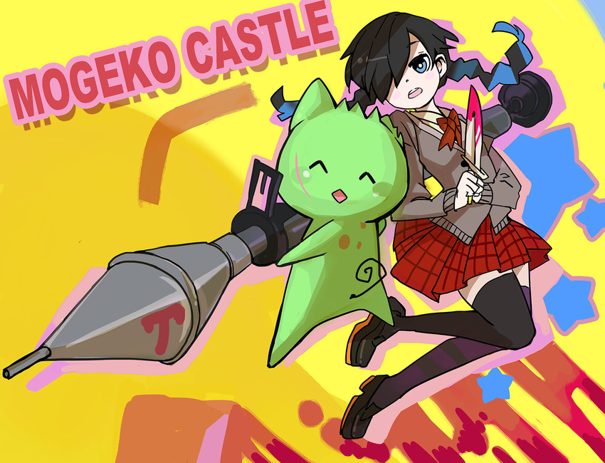 ^_^ ^o^ bangs black_hair blood bloody_knife blue_eyes blush bow bowtie closed_eyes copyright_name defect_mogeko hair_over_one_eye highres holding knife kurai_yonaka luyis16 mogeko_castle one_eye_closed open_mouth outline red_skirt rocket_launcher rpg scar school_uniform shoes skirt tail thighhighs twintails weapon zettai_ryouiki