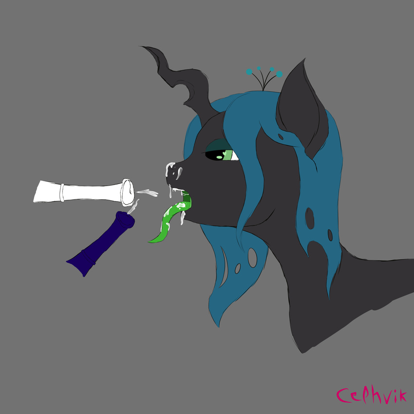 cephvik changeling cum cum_on_face equine erection female friendship_is_magic green_eyes hair horn horse long_hair mammal my_little_pony penis pony queen_chrysalis_(mlp) solo tongue