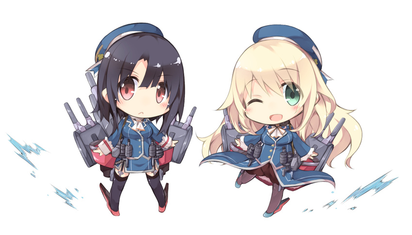 atago_(kantai_collection) black_hair blonde_hair chibi green_eyes hat kantai_collection looking_at_viewer machinery multiple_girls one_eye_closed open_mouth pantyhose plus9 red_eyes takao_(kantai_collection) thighhighs turret