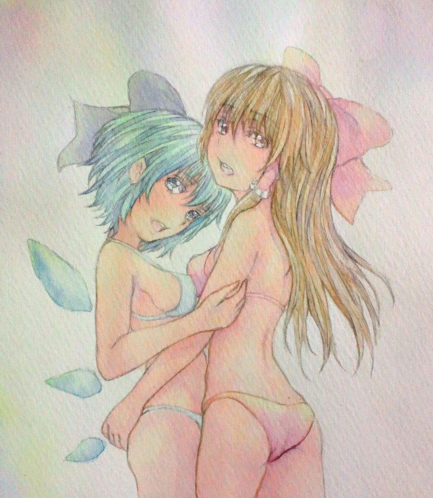 alternate_costume ass back bikini blue_bikini bow breast_press breasts brown_hair cirno cowboy_shot hair_bow hair_tubes hakurei_reimu hand_on_another's_ass height_difference highres hug ice ice_wings long_hair looking_at_viewer looking_to_the_side multiple_girls open_mouth purple_background red_bikini short_hair swimsuit symmetrical_docking touhou traditional_media very_long_hair watercolor_(medium) wings yuyu_(00365676)