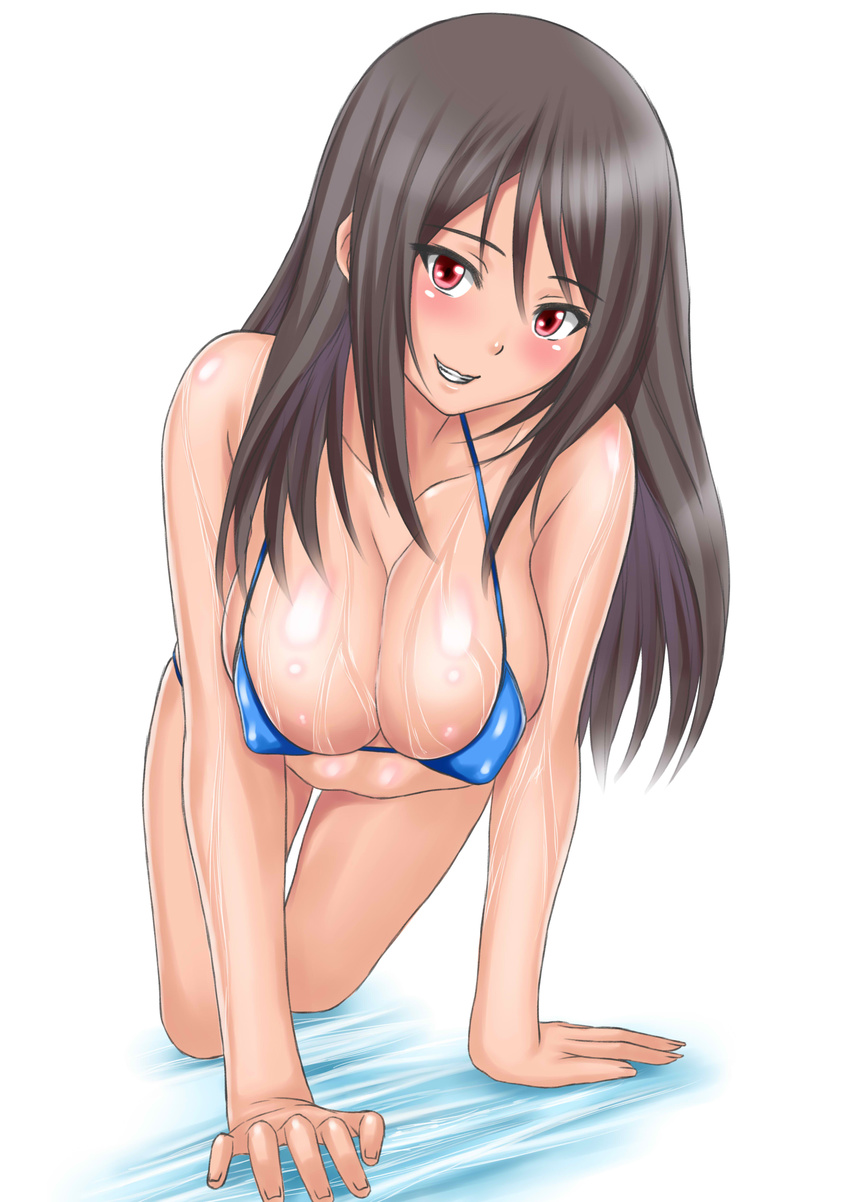 absurdres all_fours bikini black_hair blue_bikini blush breasts cleavage covered_nipples fingernails full_body grin highres large_breasts long_hair looking_at_viewer muffin_(sirumeria) original red_eyes smile solo swimsuit thigh_gap wet white_background