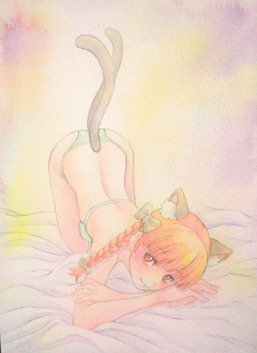 alternate_costume animal_ears ass back bed_sheet bikini bow braid cat_ears cat_tail crossed_arms eyelashes green_bikini hair_bow highres kaenbyou_rin light_smile looking_at_viewer multiple_tails nekomata orange_hair pink_background red_eyes solo swimsuit tail top-down_bottom-up touhou traditional_media two_tails watercolor_(medium) yuyu_(00365676)