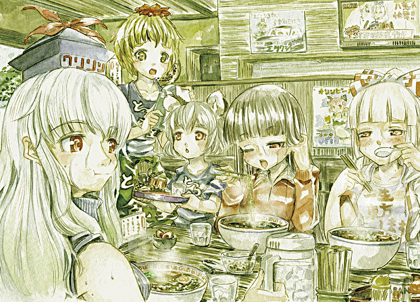 animal_ears bikini black_bikini black_hair blonde_hair bow bowl brand_name_imitation car casual chestnut_mouth chopsticks collarbone colored_pencil_(medium) commentary_request cup drinking_glass eating food fujiwara_no_mokou ground_vehicle hair_bow hair_ornament hand_in_hair hat houraisan_kaguya jacket kaenbyou_rin kamishirasawa_keine long_hair master_(4th) meandros motor_vehicle mouse_ears multiple_girls nazrin noodles one_eye_closed orion_beer pitcher ramen red_eyes shirt silver_hair sleeveless sleeveless_shirt spoon swimsuit table television toramaru_shou touhou track_jacket traditional_media tray very_long_hair watercolor_(medium) yagokoro_eirin yellow_eyes