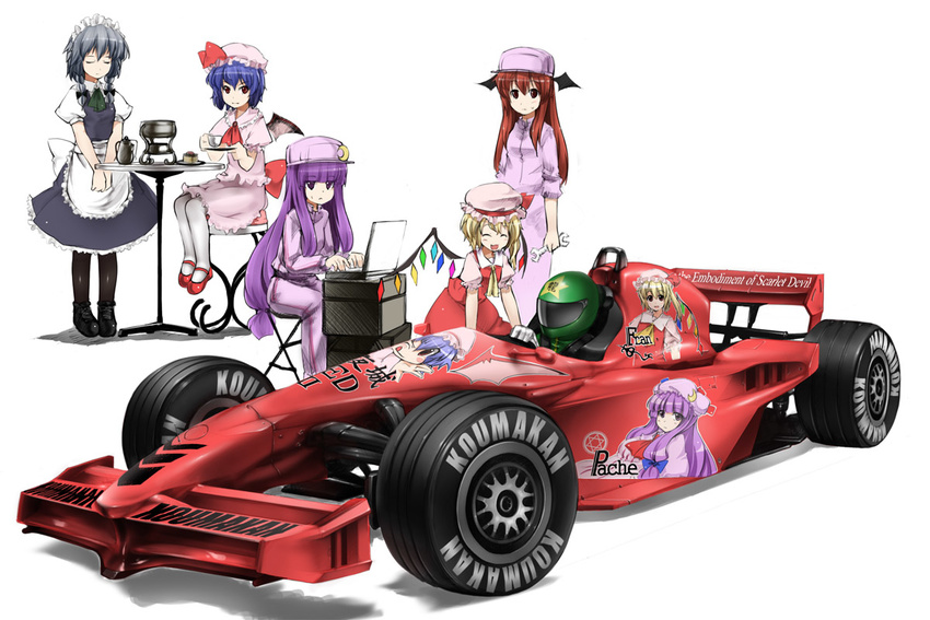 ;q abubu apron bat_wings blonde_hair blue_hair braid car computer flandre_scarlet formula_one ground_vehicle hat head_wings helmet hexagram hong_meiling itasha izayoi_sakuya jumpsuit koakuma laptop long_hair maid_headdress motor_vehicle multiple_girls one_eye_closed patchouli_knowledge purple_eyes purple_hair racecar red_eyes red_hair remilia_scarlet short_hair side_ponytail silver_hair tongue tongue_out touhou twin_braids wings wrench