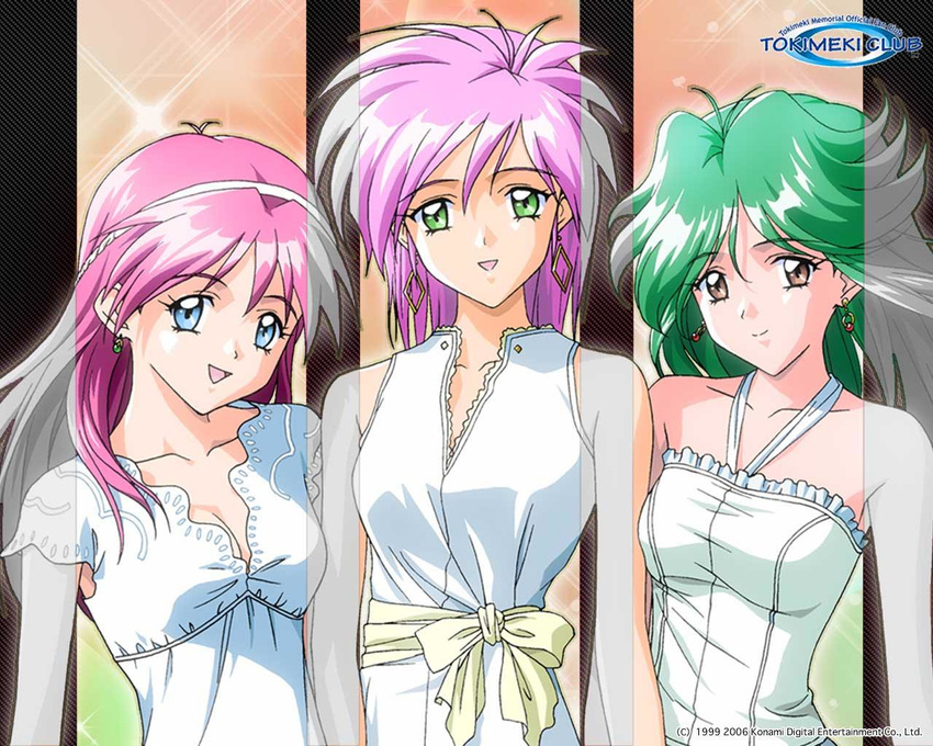 90s asou_kasumi blue_eyes breasts bride brown_eyes cleavage dress earrings green_eyes green_hair hairband jewelry kokura_masashi large_breasts long_hair medium_breasts multiple_girls official_art pink_hair purple_hair scan shirayuki_maho short_hair smile tokimeki_memorial tokimeki_memorial_2 wallpaper wedding_dress yae_kaori