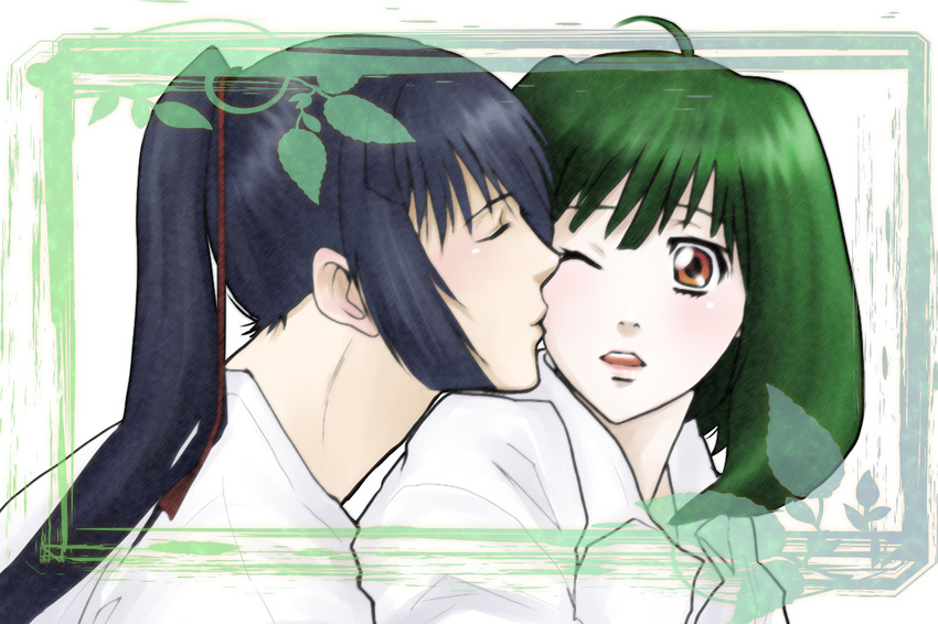 1girl ahoge bad_id bad_pixiv_id blue_hair blush brown_eyes close-up closed_eyes couple fukunoya green_hair hair_ornament hetero kiss long_hair macross macross_frontier one_eye_closed open_mouth ponytail ranka_lee saotome_alto