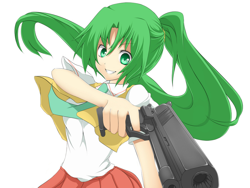green_eyes green_hair grin gun handgun highres higurashi_no_naku_koro_ni nemu_(nebusokugimi) ponytail school_uniform smile solo sonozaki_mion weapon