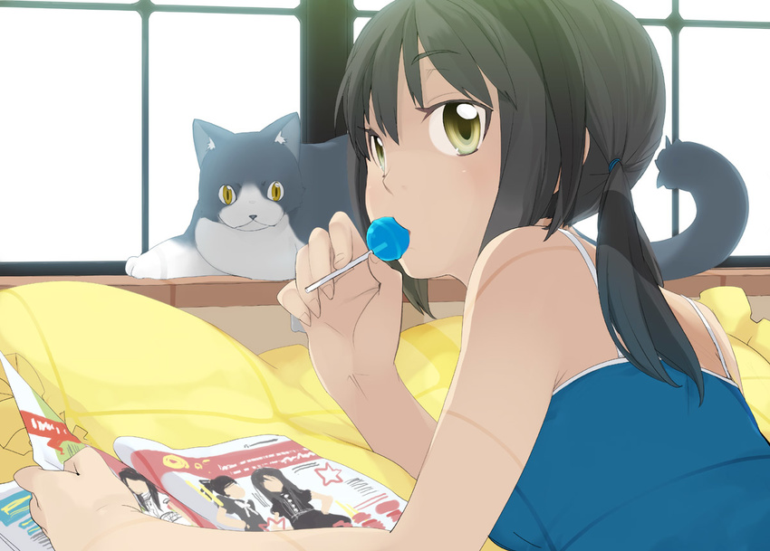 bad_id bad_pixiv_id bed black_hair candy cat food kusano_houki lollipop looking_back lying on_stomach original pillow reading shade solo tank_top twintails yellow_eyes