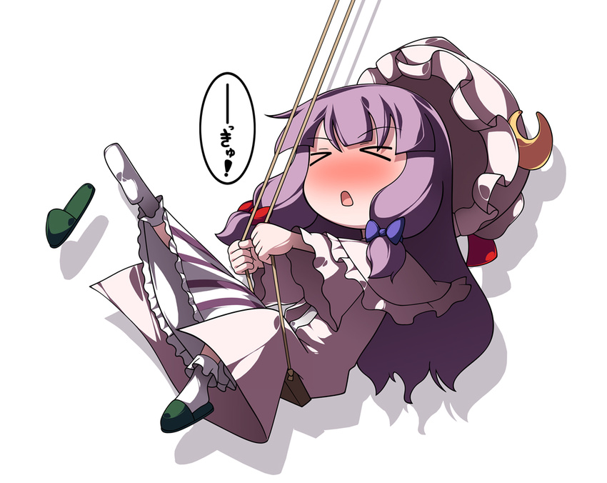 &gt;_&lt; blush chibi closed_eyes crescent hat long_hair patchouli_knowledge purple_hair slippers socks solo swing tajuu touhou