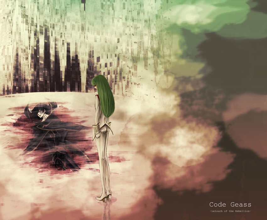 1girl arms_at_sides ass black_cape black_hair blood c.c. cape closed_mouth code_geass copyright_name death from_behind full_body gloves green_hair head_tilt lelouch_lamperouge long_hair nemu_(noibla) pale_skin reflection reflective_floor shaded_face standing uniform wallpaper white_gloves