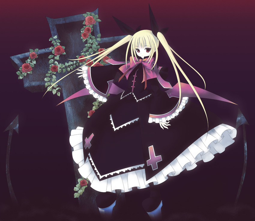 bad_id bad_pixiv_id blazblue blonde_hair bow cross dress flower frills gothic_lolita hair_ribbon high_heels highres kabe_(ryuryuta) lolita_fashion long_hair rachel_alucard red_bow red_eyes ribbon rose shoes solo twintails vampire